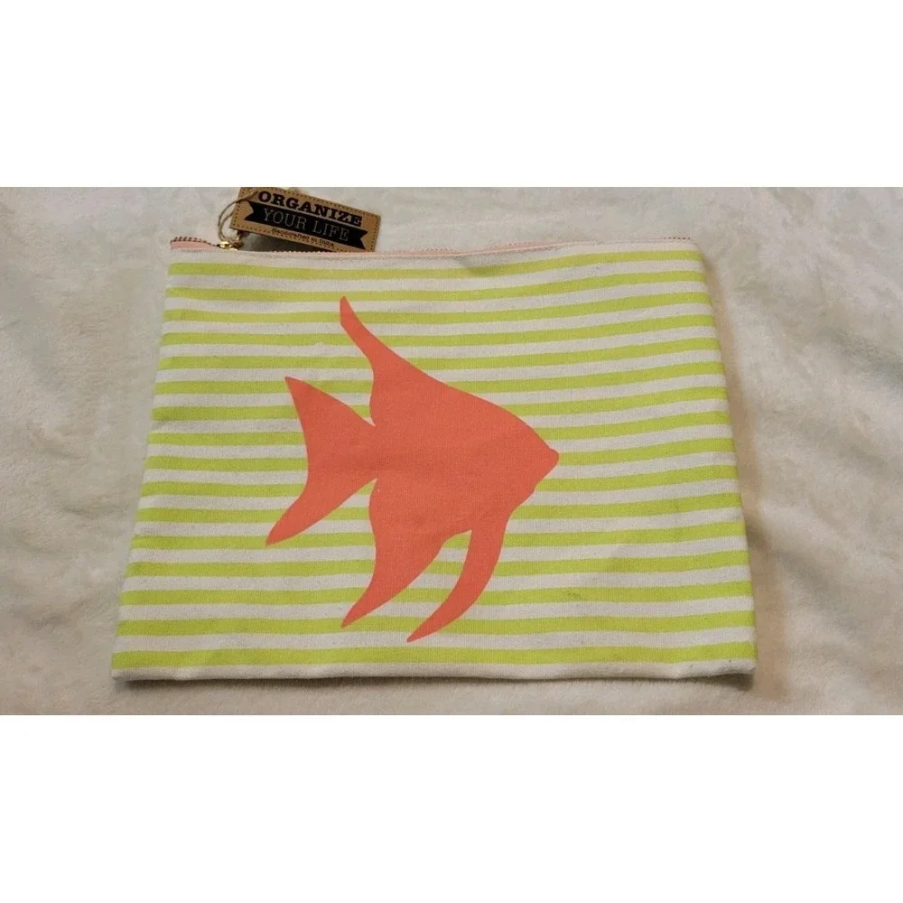 NEW GREEN STRIPED WITH FISH DESIGN COSMETIC BAG